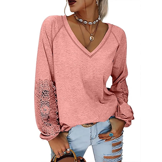 Mujer Top Cuello En V Linterna Manga Larga Encaje Moda Transpirable Casual Fit Blusa Rosa S