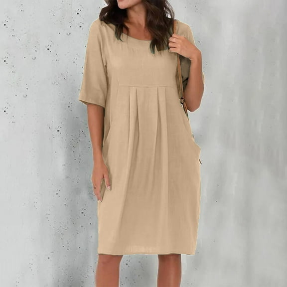 Ayolanni Plus Size Dresses for Women Beige Short Sleeve Solid Midi Dresses Warm Dresses for Women L
