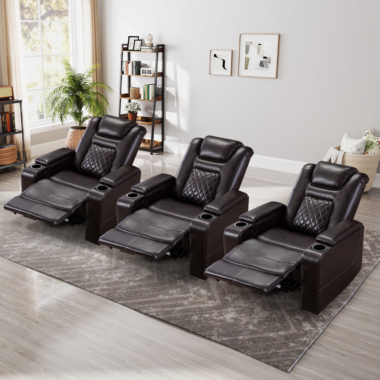 Bonzy Home Electric Recliner Chair Set of 3, Leather Home Theater Seating, Living Room Chair with USB Ports and Cup Holders Brown