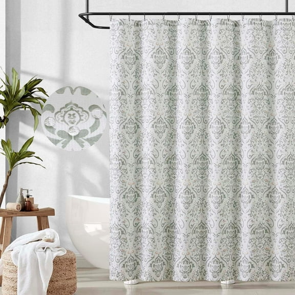 Blue Floral Shower Curtain, Medallion Damask Farmhouse Shower Curtains for Bathroom, Watercolor Retro Vintage Pattern Waterproof Fabric Shower Curtain, Bath Decor with Hooks 72x72 Inch