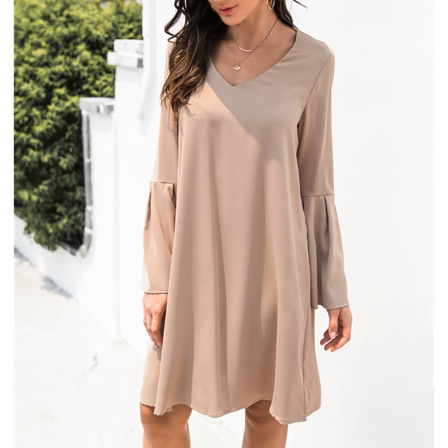 Vestido de manga acampanada, vestido de manga acampanada, vestido de cuello en V, vestido casual de cuello en V para mujer, calidad en la que puede confiar