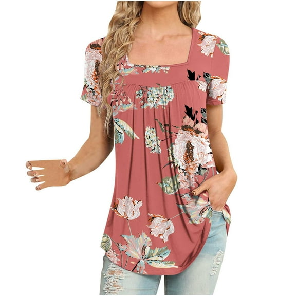 Floral Printed Tops for Women Square Neck Pleated Short Sleeve Shirts Summer Fashion Casual Loose Fit Blouses (XL, Red)