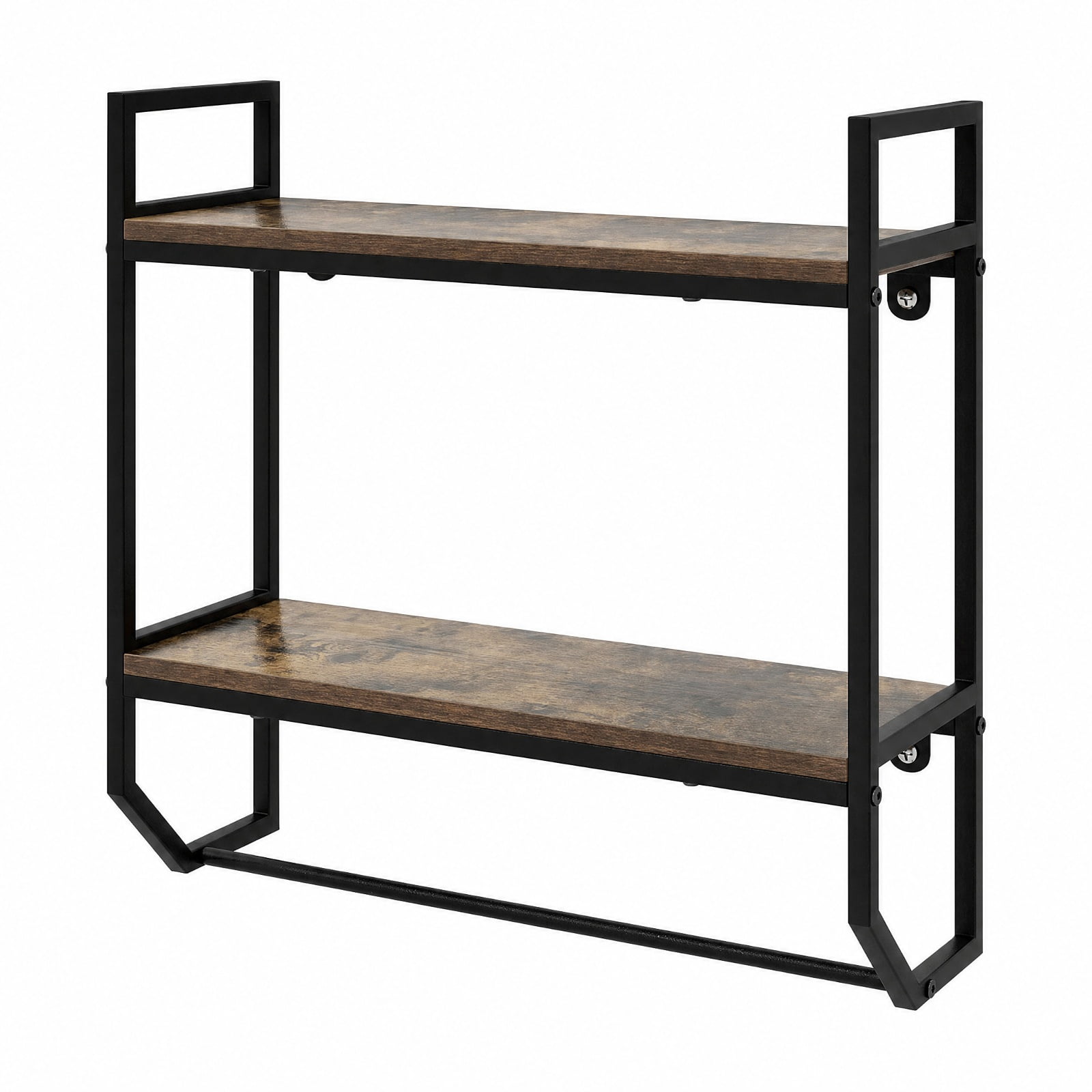 Vebreda Over-the-Toilet Storage Shelf with Metal Frame & Towel Bar, 2-Tier Wall-Anchored Bathroom Space Saver Organizer Rack Above Toilet, Rustic Brown