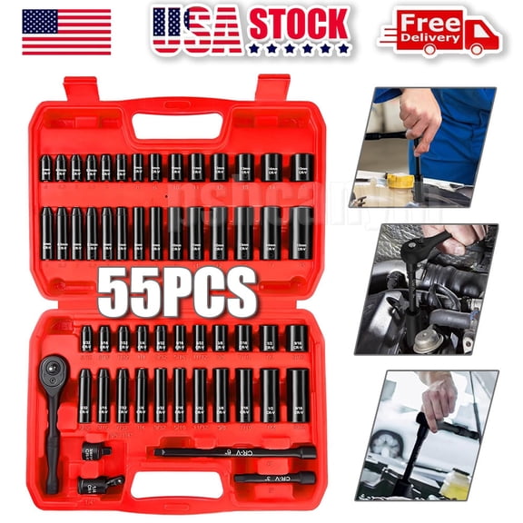 55PCS 1/4" Drive Impact Socket Set Cr-V Metric & SAE Sockets Shallow & Deep