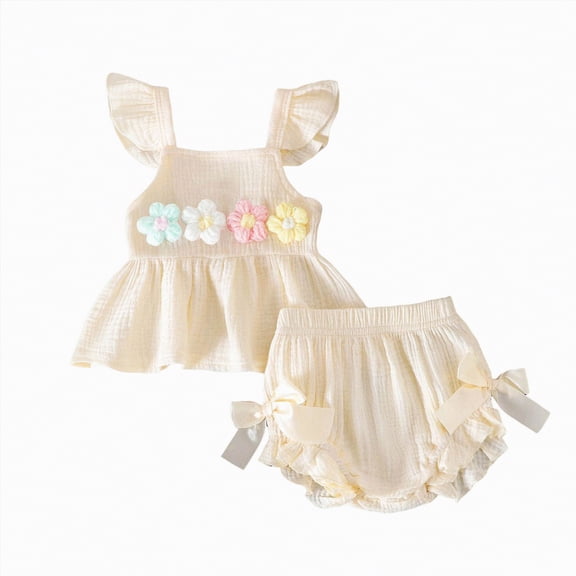 Xyant Baby Girl Summer Outfit Floral Print Fly Sleeve Ruffled Top Bowknot Elastic Waist Bloomers Shorts Casual Infant Toddler Clothes (Beige,6-12 Months)