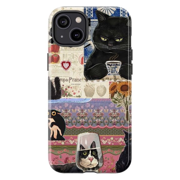 Artistic Black Cats Collage Phone Case, Whimsical Cat and Floral Pattern iPhone Cover, Unique Creative Protective Case for iPhone 17 16 15 14 13 12 11 Pro Plus Mini