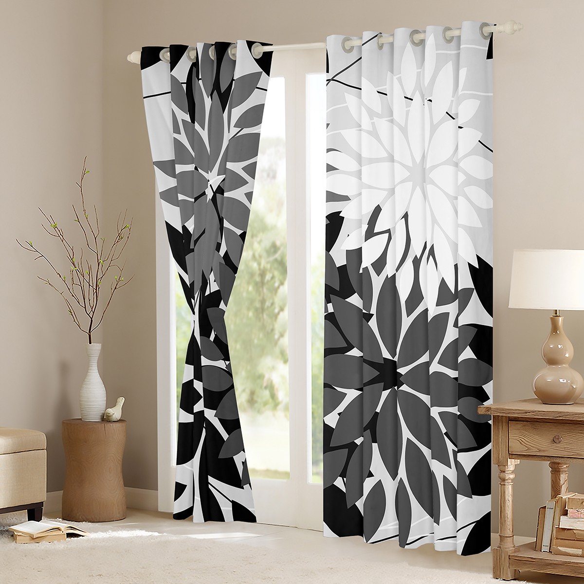 Manfei Dahlia Leaf Curtains for Living Room,Rustic Farmhouse Cabin Blackout Curtains Set of 2 (38x45),Black Gray White Curtains and Drapes (38x45),Super Cozy Room Decoration