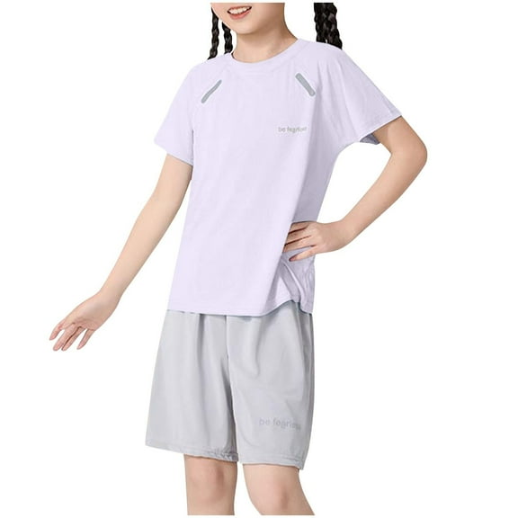 Fesfesfes Girls and Boys 2 Piece Summer Outfits Children's Solid Color Short Sleeve Round Neck Crop Top Elastic Waist Shorts Dance Clothes Girls' Breathable Clothes Set(Purple,11 Years)