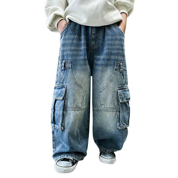 EnJoCho Boy's Casual Elastic Waist Denim Cargo Pants Straight Leg Trousers with Pocket Boy's Baggy Jeans Elastic Waist Denim Pants Classic Straight Wide Leg Jeans for Kids (12-13 Years,Blue)