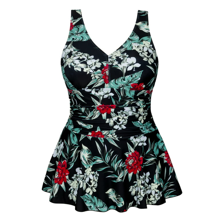 Plus Size Floral Swim Dress Tummy Control One Piece Swimming Suits for Women