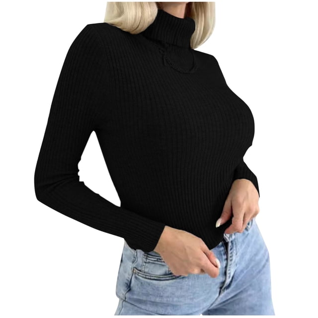 Dagegui Chandails à Col Roulé pour Femmes en Tricot Côtelé à Manches Longues, Chandail Extensible Coupe Ajustée, Hauts d'Automne, Noir, m
