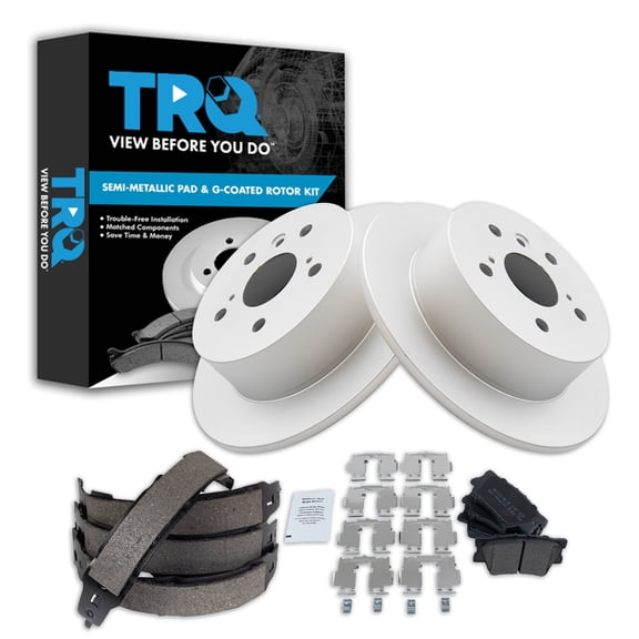 TRQ Rear Brake Pad & Rotor Kit Brake Pads Brake Rotor Parking Brake Shoe Set Semi-Metallic Premium G-Coated Fits Select 2013-2018 Lexus ES300h ES350 Toyota Avalon 2012-2017 Camry
