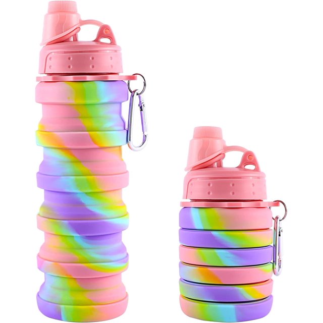 1 paquete de botella de agua deportiva plegable Rainbow para niños, estudiantes, botellas de agua plegables de silicona reutilizables sin BPA para viajes, camping, senderismo, regalo de regreso a la escuela, rosa JM