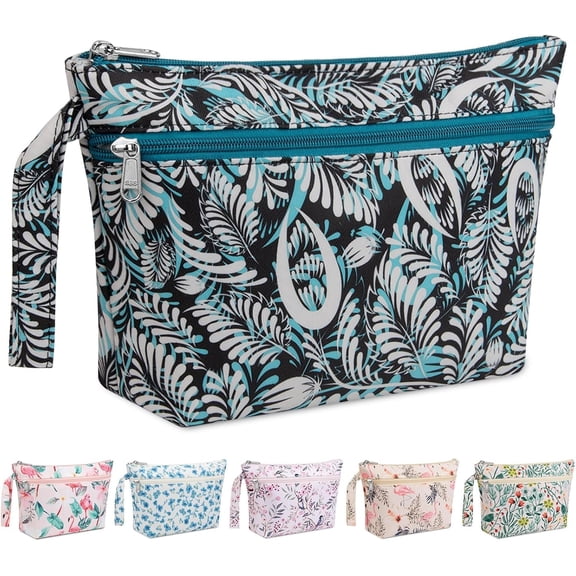 Makeup Bag for Purse Zipper Toiletry Travel Bag, Large Floral Cute Makeup Bag Tool Pouch Birthday Christmas Gifts for Women Girls Sister , Make Up Bags with Dry-wet Compartment
