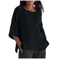 thumbnail image 2 of Women's Round Neck Batwing Sleeve Blouse, Solid Color Loose Casual Cotton Linen Top, Half Sleeve Casual Shirt for Daily Office Summer Wear 03-Black S, 2 of 3