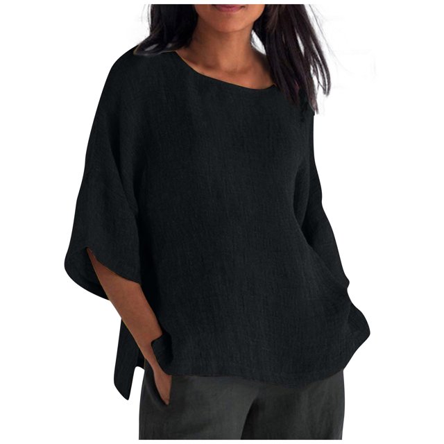 moda de las mujeres media manga cuello redondo color sólido camisa casual suelta top negro / m
