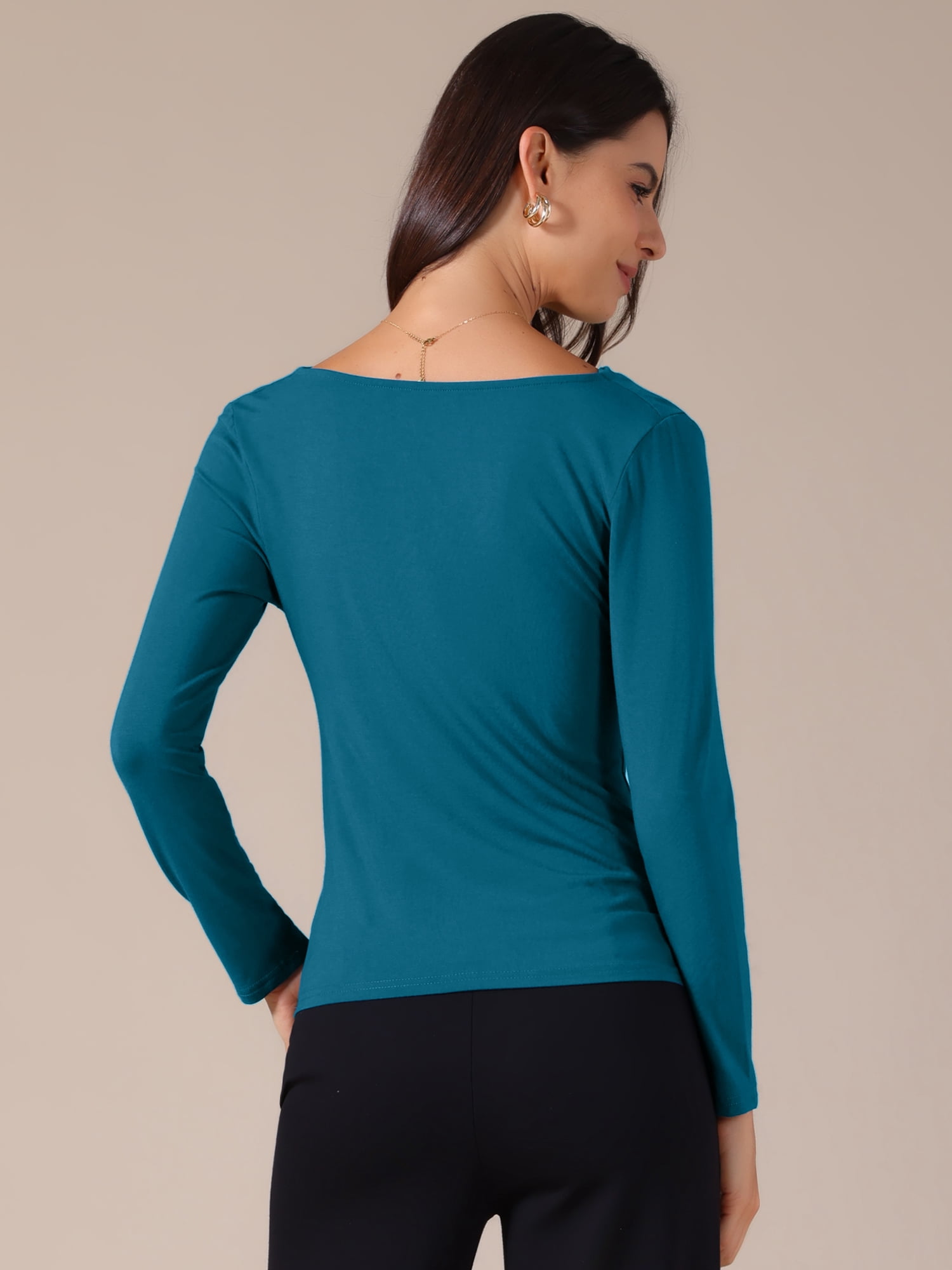 DARING DIVA Women's Cowl Neck Long Sleeves Fitted Layering Soft T-Shirt XL Peacock Blue