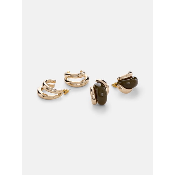 Scenario Women's Gold-Tone Acrylic Green Curved and Double Hoop Earrings Set, 2-Pair