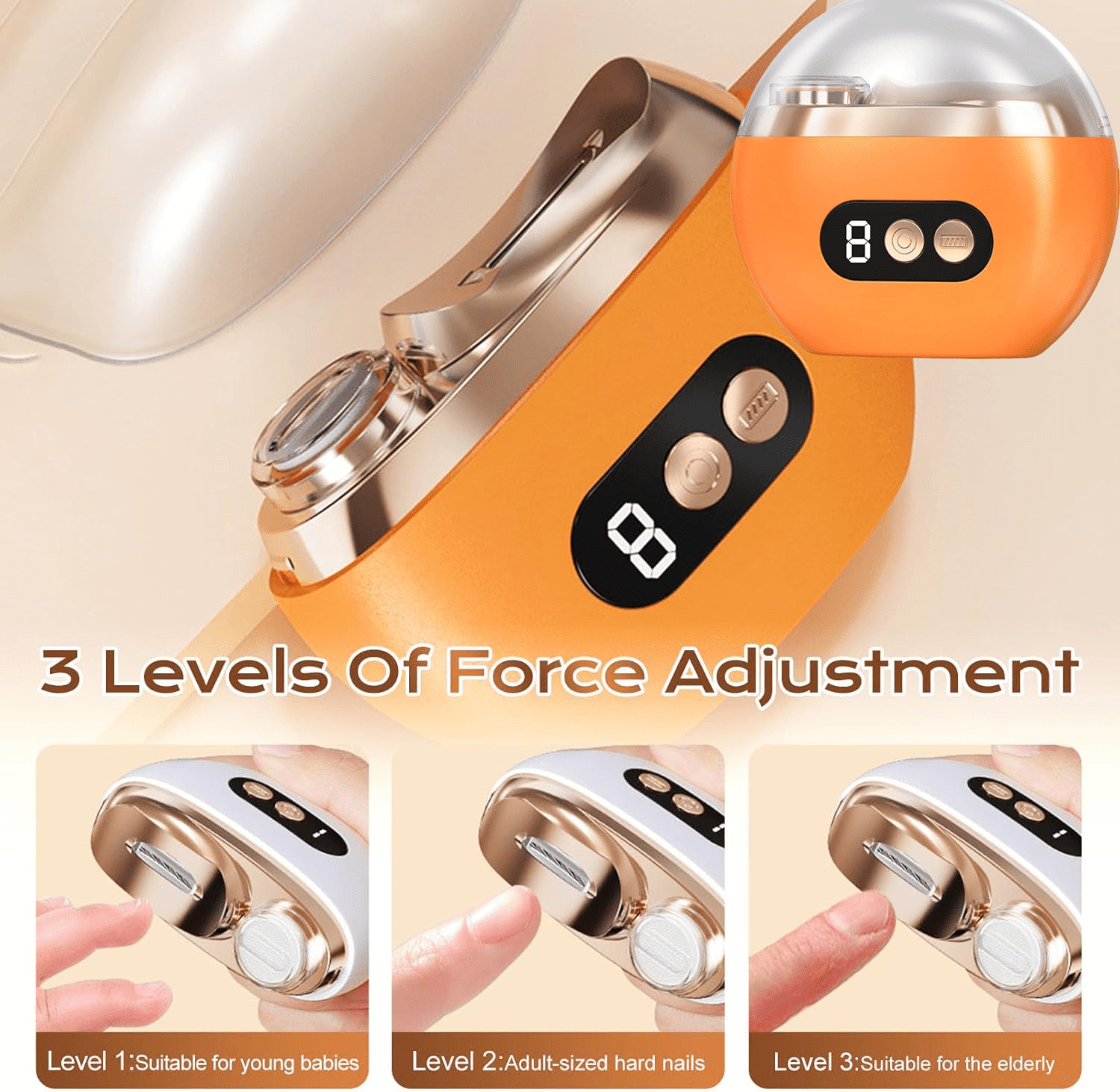 Multi-Functional Electric Nail Trimmer, 2026 Upgraded 2 in 1 Electric Polishing Automatic Nail Clippers, Electric Nail Clipper with 3 Speed Levels, Automatic Nail Trimmer & Grinder (Orange)
