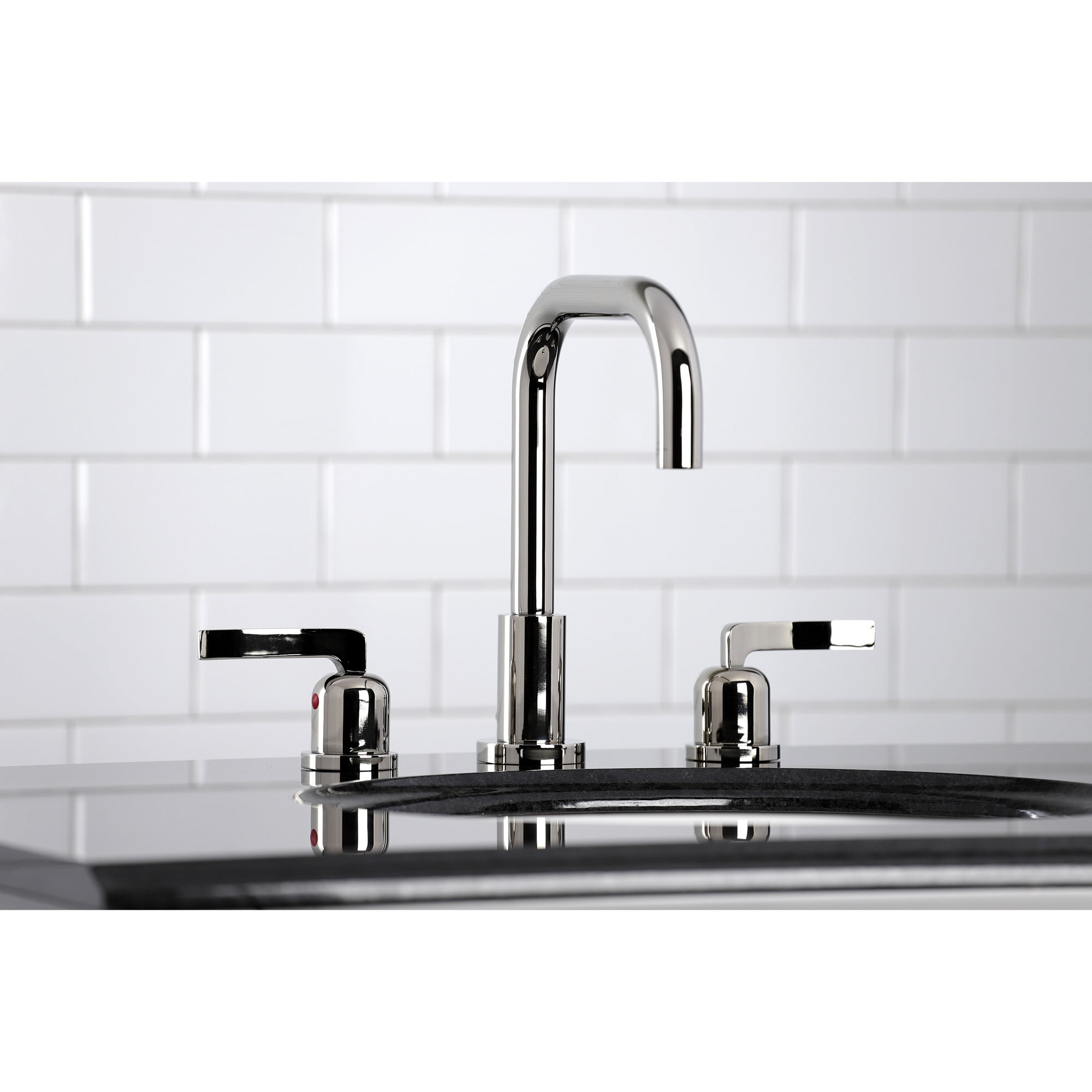 Kingston Brass FSC8939EFL Centurion Two-Handle 3-Hole Deck Mount Widespread Bathroom Faucet with Brass Pop-Up in Polished Nickel