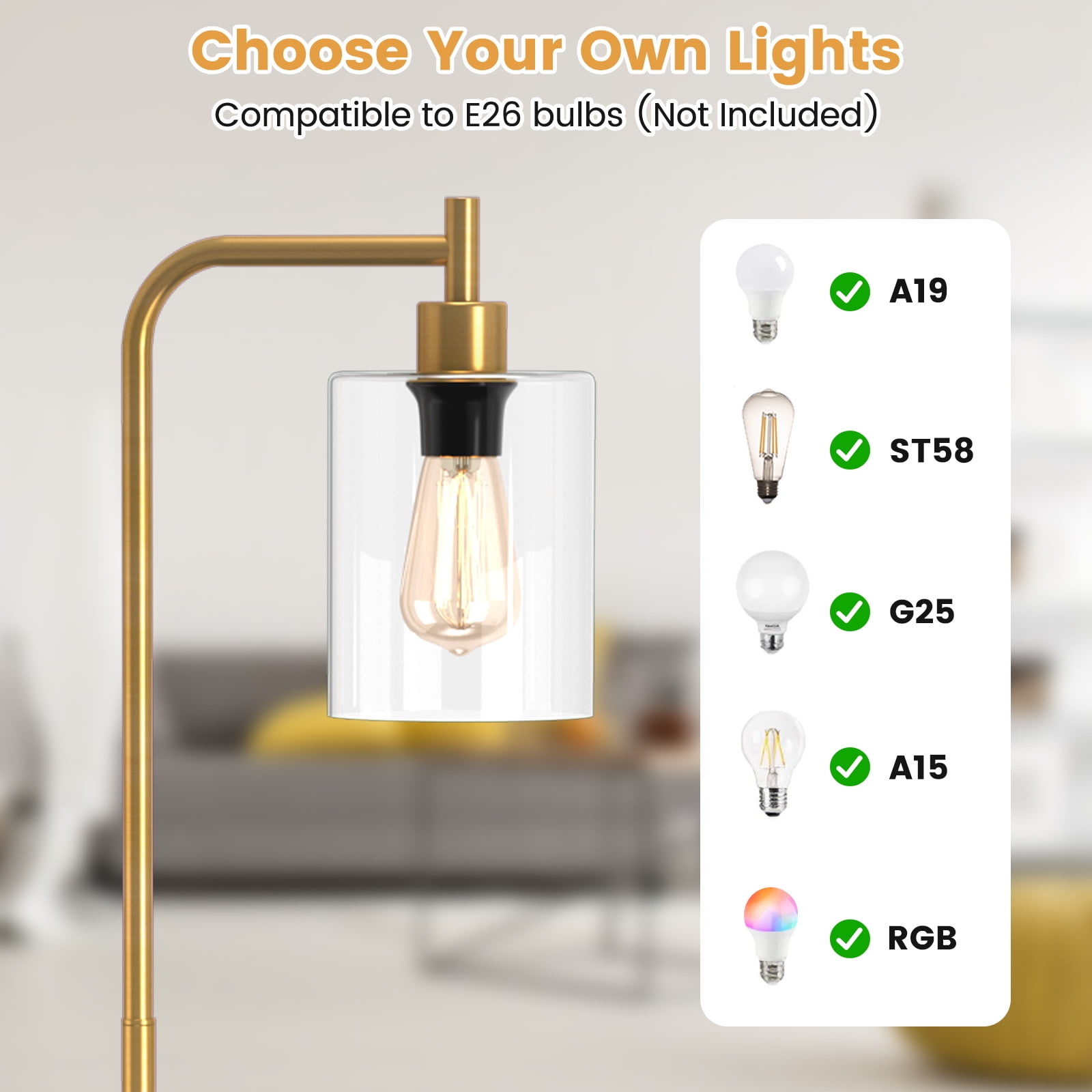 Giantex Industrial Standing Floor Lamp, Modern Reading Lamp w/Clear Glass Lampshade & Foot Switch, Tall Pole Lamp, Gold