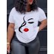 thumbnail image 1 of Camiseta de cuello redondo con estampado de media cara para mujer, informal, de manga corta para primavera y verano, ideal para adultos, hombres, mujeres, adolescentes, jóvenes y deportes., 1 of 7