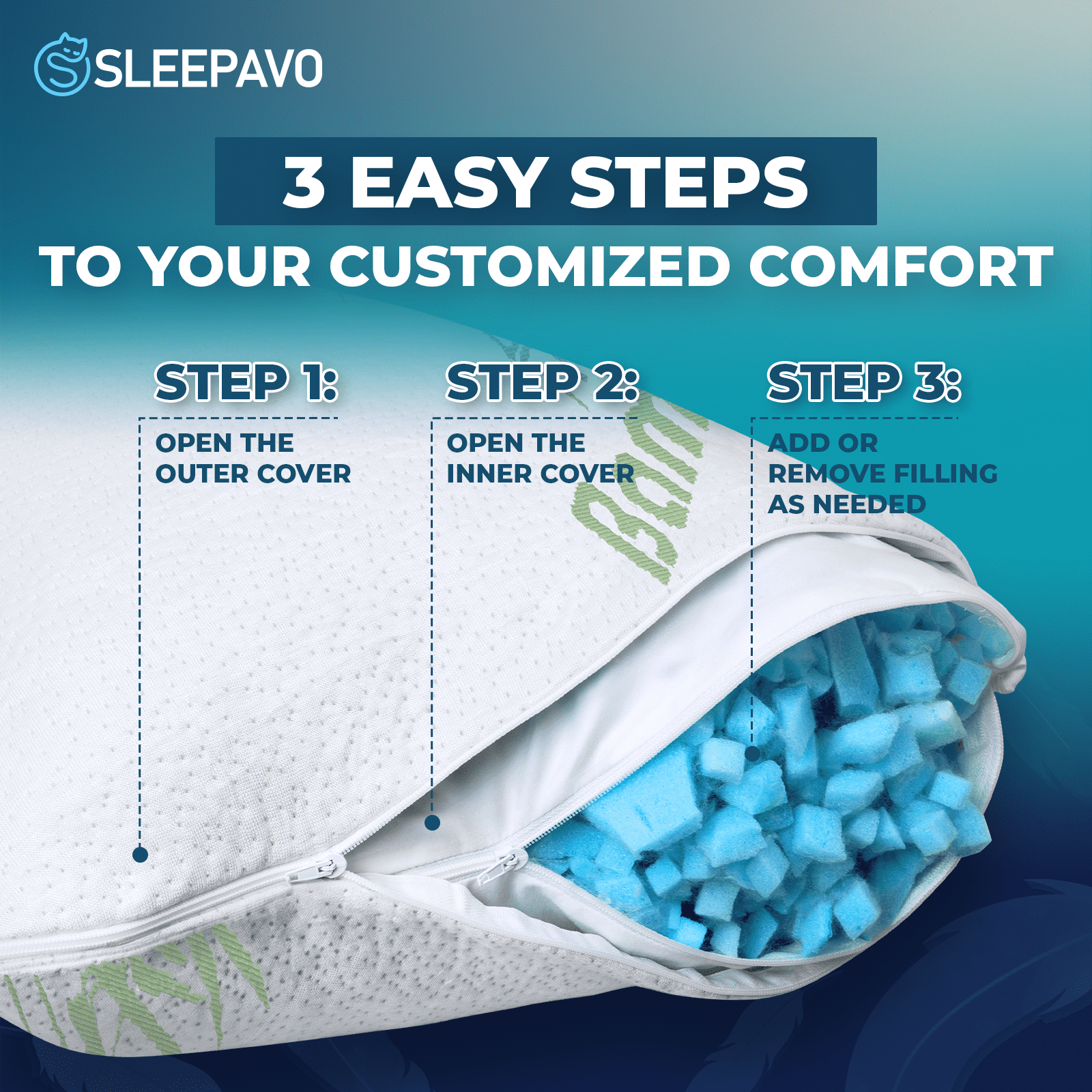 Sleepavo Adjustable Cooling Pillows Queen Size Set of 2 - Extra Soft Shredded Memory Foam Best Pillows for Sleeping - Back, Stomach, Side Sleeper Firm, Comfy Cool - 2 Pack, Rayon Derived from Bamboo