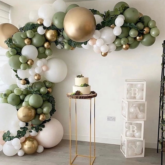 Kit de 152 globos de color verde oliva con arco de guirnalda, globos de confeti blanco y dorado, globos verdes retro y globos de látex cromados metálicos dorados para bodas.