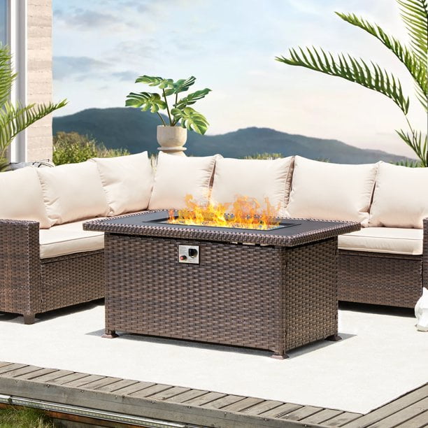 Natural PE Rattan ETL Certification Brown 50,000 BTU Auto-Ignition Rattan Patio Firepit Table with Glass Wind Guard and Cover 44 Outdoor Propane Gas Fire Pit Table with Tempered Glass Tabletop 