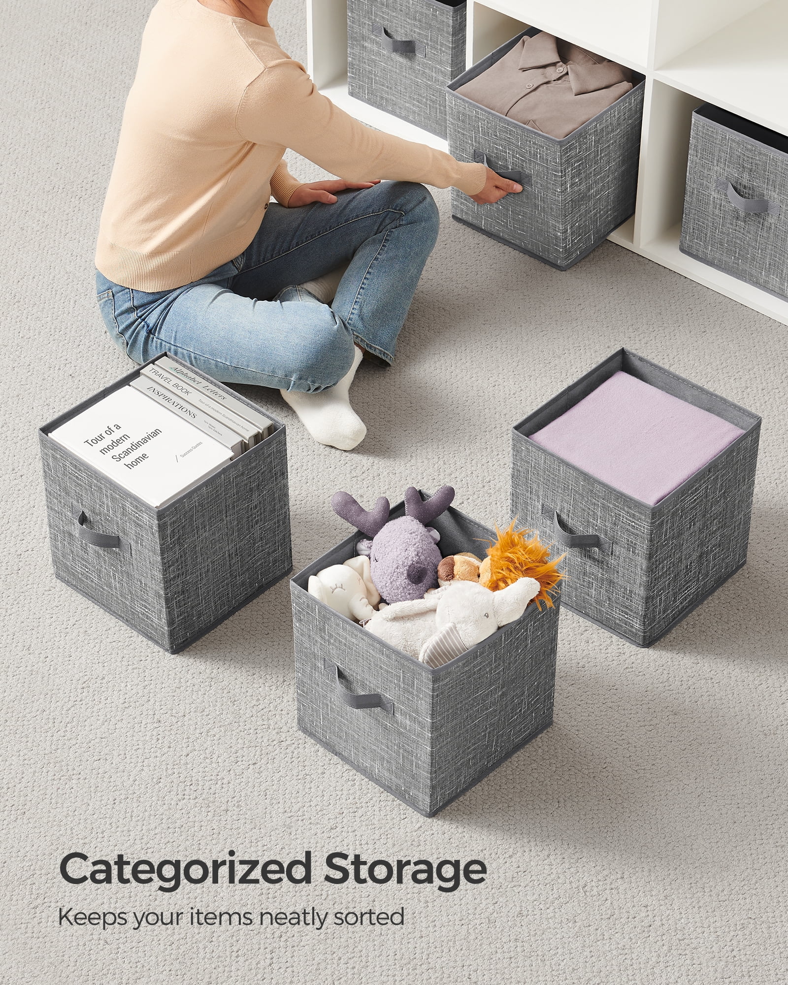 8 Storage Cubes, 11" Non-Woven Fabric Bins with Double Handles Closet Organizers for Bedroom Living Room Cattail Gray