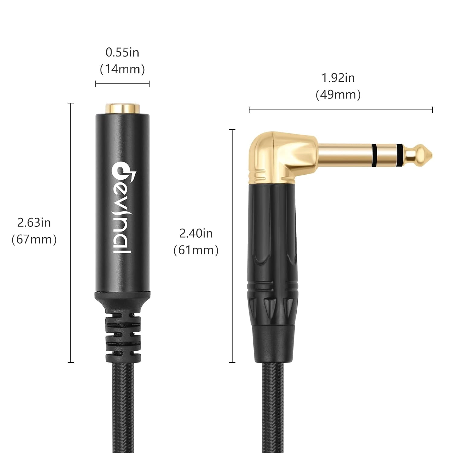 JJEAN-Right Angle 1/4 Inch TRS Male to 1/4 Inch TRS Female Cable, 6.35mm Stereo Headphone Guitar Extension Cord Adapter 3.3 FT 2 pcs