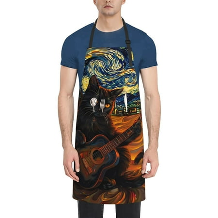 

Ocsxa Starry Night Cat Guitarist A Apron With Pockets Kitchen Bib Waterproof Resistant Women Men Unisex Adjustable