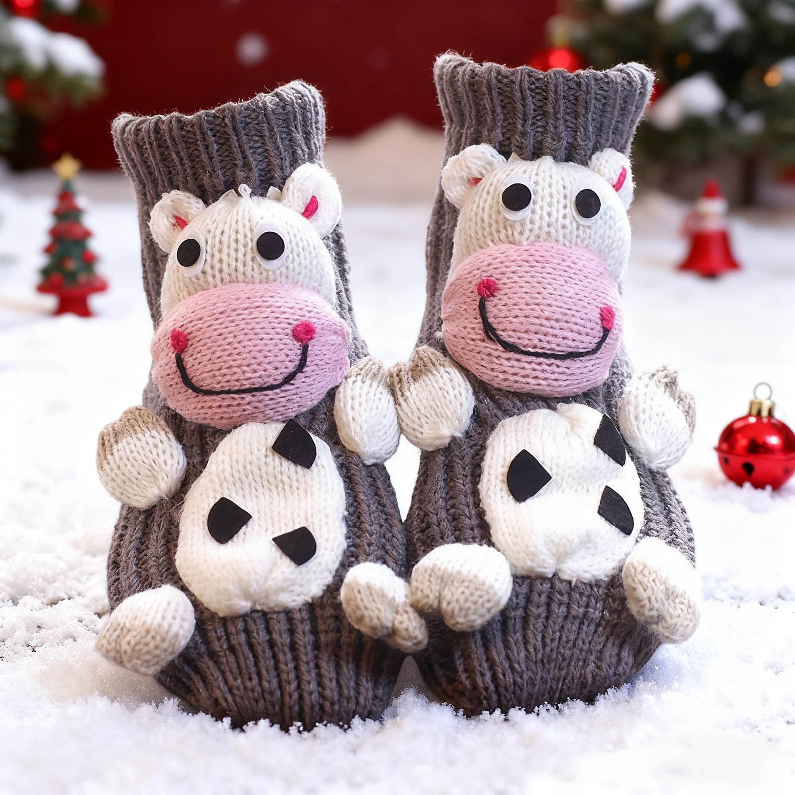 Animal Socks for Women Funny Animal Hug Sock Hand Crocheted Warm Christmas Socks Long Stocking Stuffers Sock (Highland Cow, 4 Pair)