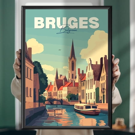 Bruges Travel Poster Belgium Canal City Art Print, Medieval Architecture Wall Art UNFRAMED PAPER POSTER, Home Decor, Vintage Gift, Living Room Dercor