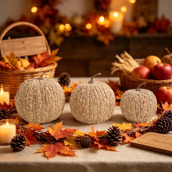 Thanksgiving Pumpkin Decoration Set, Multicolor Rattan Pumpkin Ornament for Living Room Table Decor, Autumn Harvest Halloween Christmas Photography Prop Home Holiday Decoration, Brown-M