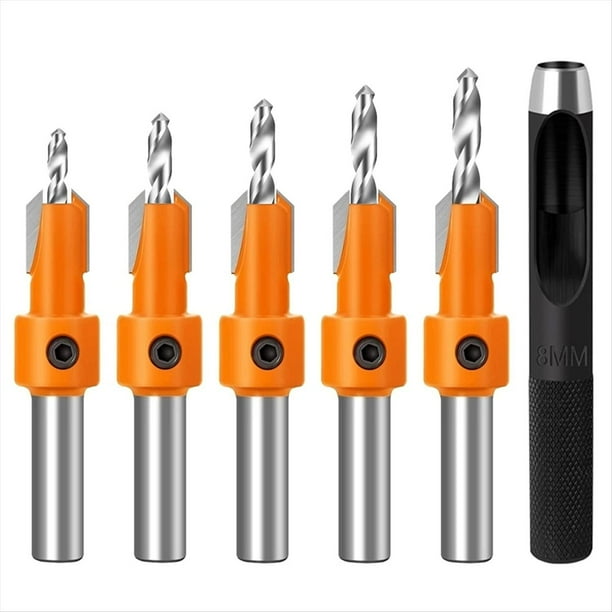 Juego de 5 Brocas Avellanadoras para Madera, Vástago de 8 mm, HSS, para Tornillos de Madera, Fresadoras, Perforadoras, Herramientas de Carpintería.