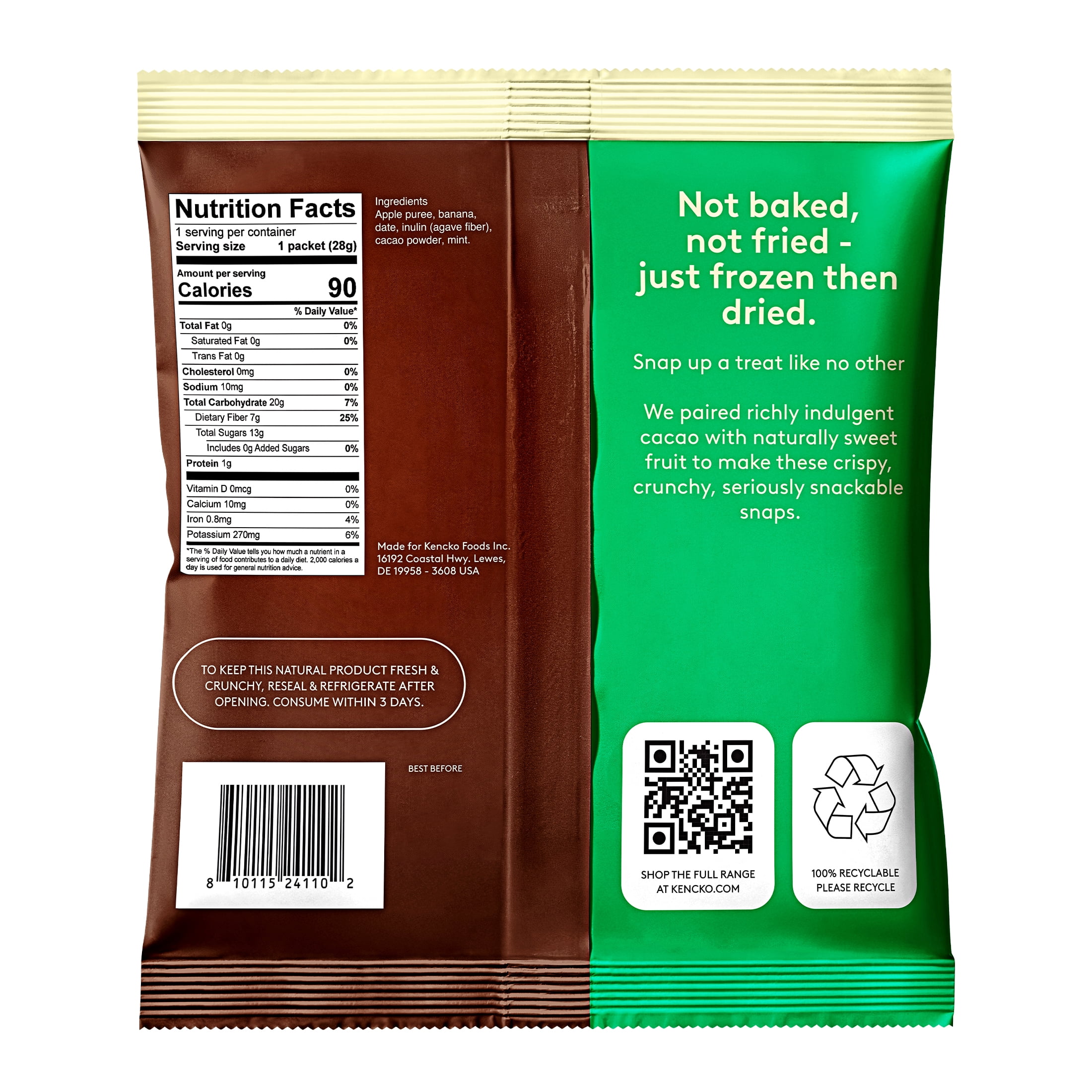 (3 pack) Kencko Chocolate Mint Crunchy Fruit Snaps, Freeze Dried Fruit Snacks, 1 oz Bag