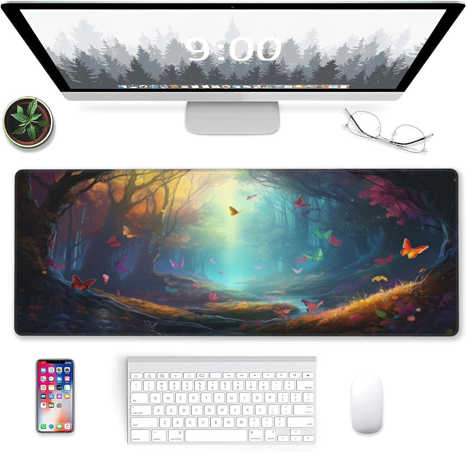 Desk Mat, Fantasy Landscape with Colorful Butterfly Extended Gaming Mouse Pad Large, 31.5"x11.8" Big Mouse Pad with Non-Slip Base and Stitched Edge, Long Computer Keyboard Mouse Mat for Home Office
