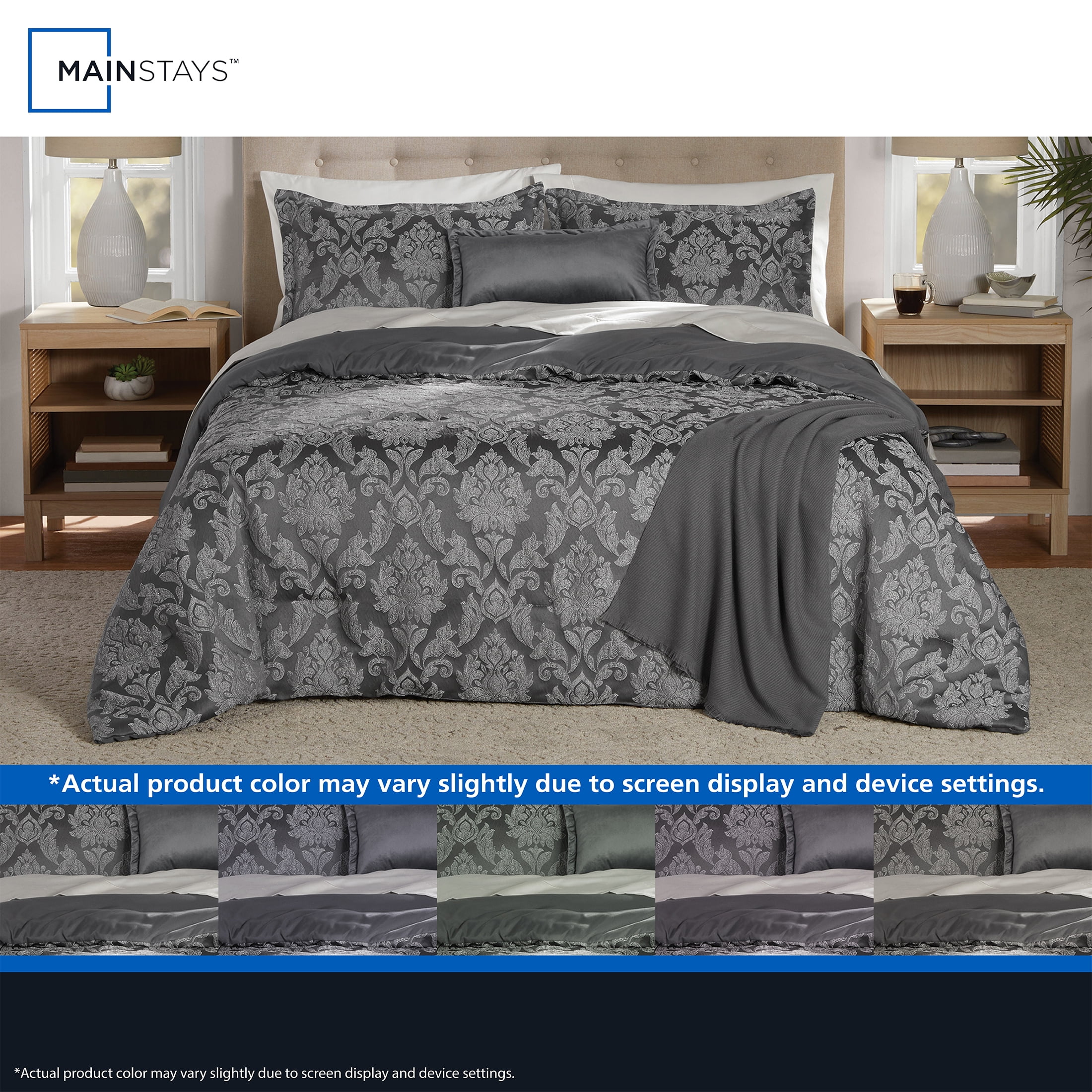 Mainstays Damask 4-Piece Grey Jacquard Comforter Set, Twin/Twin XL