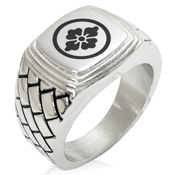 Stainless Steel Goto Samurai Crest Geometric Pattern Step-Down Biker Style Polished Ring