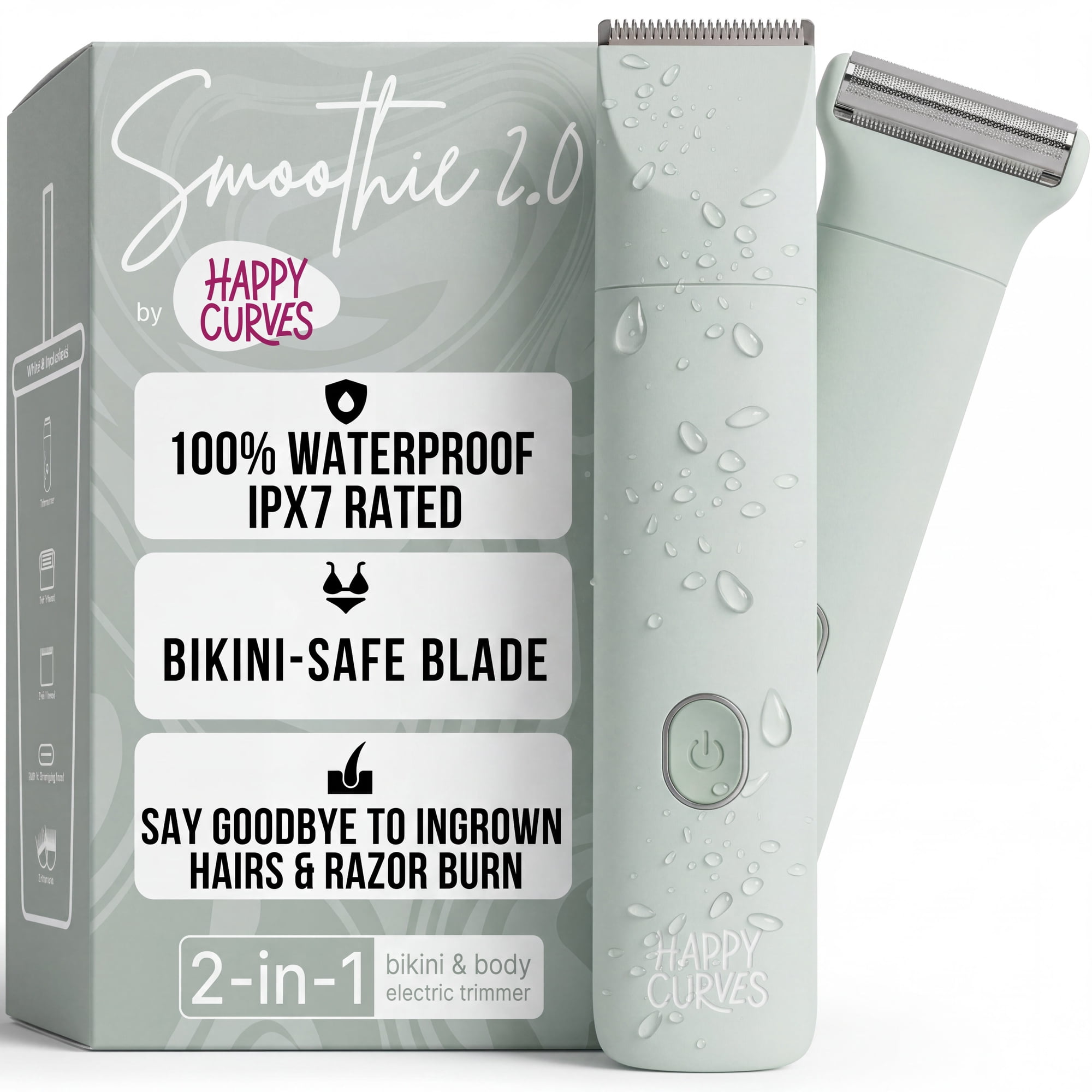 Happy Curves Smoothie 2.0 Bikini Trimmer, Women's Electric Intimate Shaver and Body Trimmer, Waterproof, Adjustable Guards, Mint