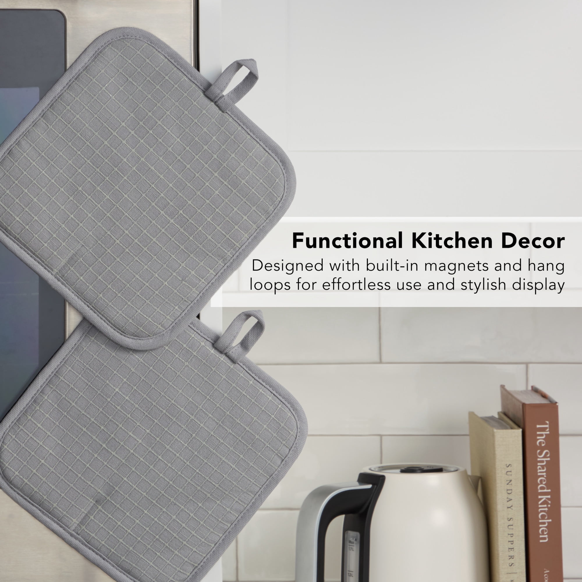 KITCHENAID Gourmet Series Gridlines Pot Holders 2-Pack Set, Heat Resistant up to 600°F, Soft Silicone Grip, Magnetic Cuff, Matte Grey, 8"x8"