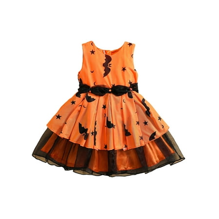 

Nokpsedcb Toddler Baby Girl Halloween Dress Bat Sleeveless Mesh Tutu Dress Princess Party Dress 1st Halloween Outfit Summer Clothes Orange 2-3 Years