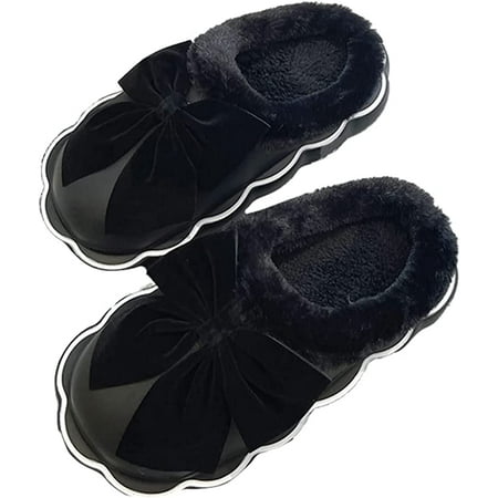 

CoCopeaunt Women Warm Fluffy Fur Block Heel Cover House Shoes Waterproof Bowknot Fleece Lining Soft Indoor Outdoor Winter Slippers