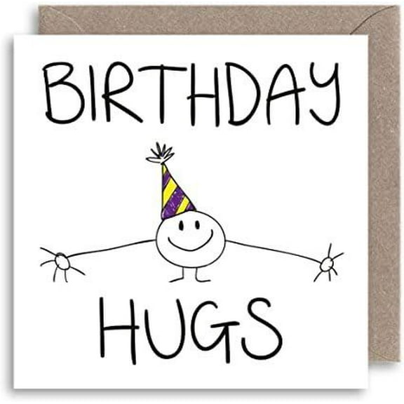 Birthday Hugs Greeting Card – Whimsical Design with Party Hat – Blank Inside – Perfect for Celebrating Birthdays with Love and Laughter