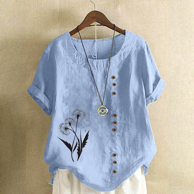 Karight Womens Cotton Gauze Shirt Dandelion Print Summer Beach Blouse Short Sleeve Casual Loose Comfy Tunic Tops Plus Size