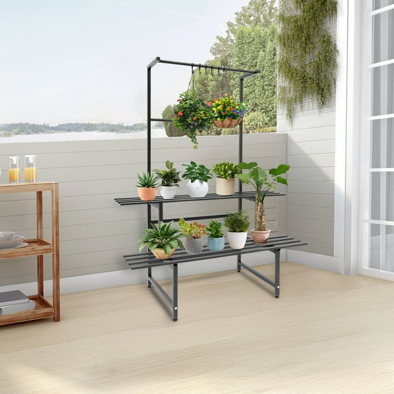 Black Modern 2 Tier Plant Stand with Hanging Rods, Metal Plant Holder For Living Rooms, Foyers, Bedrooms, Balconies, Plant Stand 2 Shelves