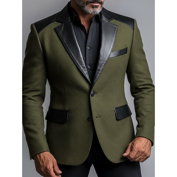 Men's Olive Green Quilted Wool Blend Blazer, Black Leather Accents Slim Fit Single-Breasted Notch Lapel Sport Coat
