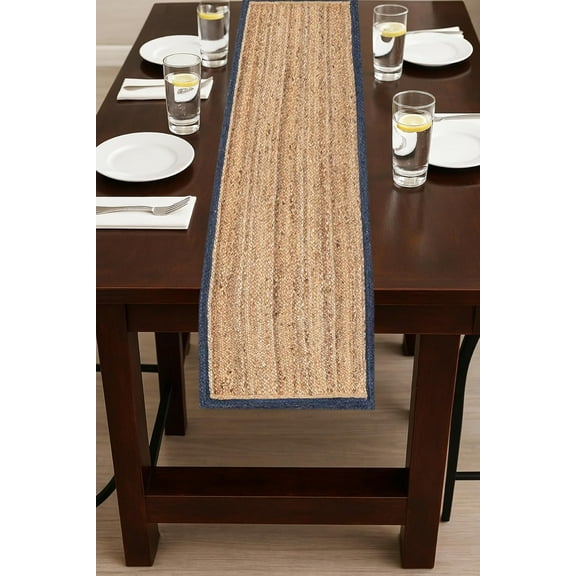 Indian Handmade Navy with Beige Border Jute Table Runner Rug – 14 x 36 – Indian Handwoven Dining Table Décor, Kitchen, Coffee Table – Bohemian Farmhouse Decor