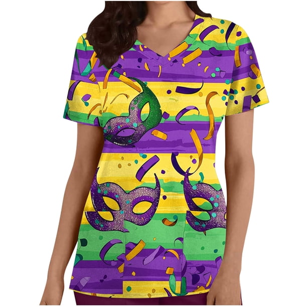 Tops de Manga Corta para las Mujeres de Ajuste Suelto Navidad Impresión Cuello en V Blusa de Bolsillo Desgaste de Trabajo Informal